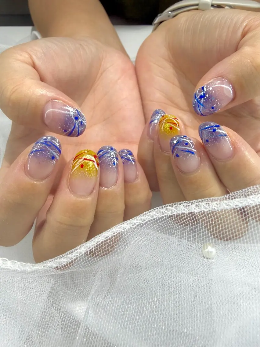 ネイル ブルー 黄色 ヨーヨーネイル ハンドネイル ちゃ～み～nail ひよりのネイルデザイン