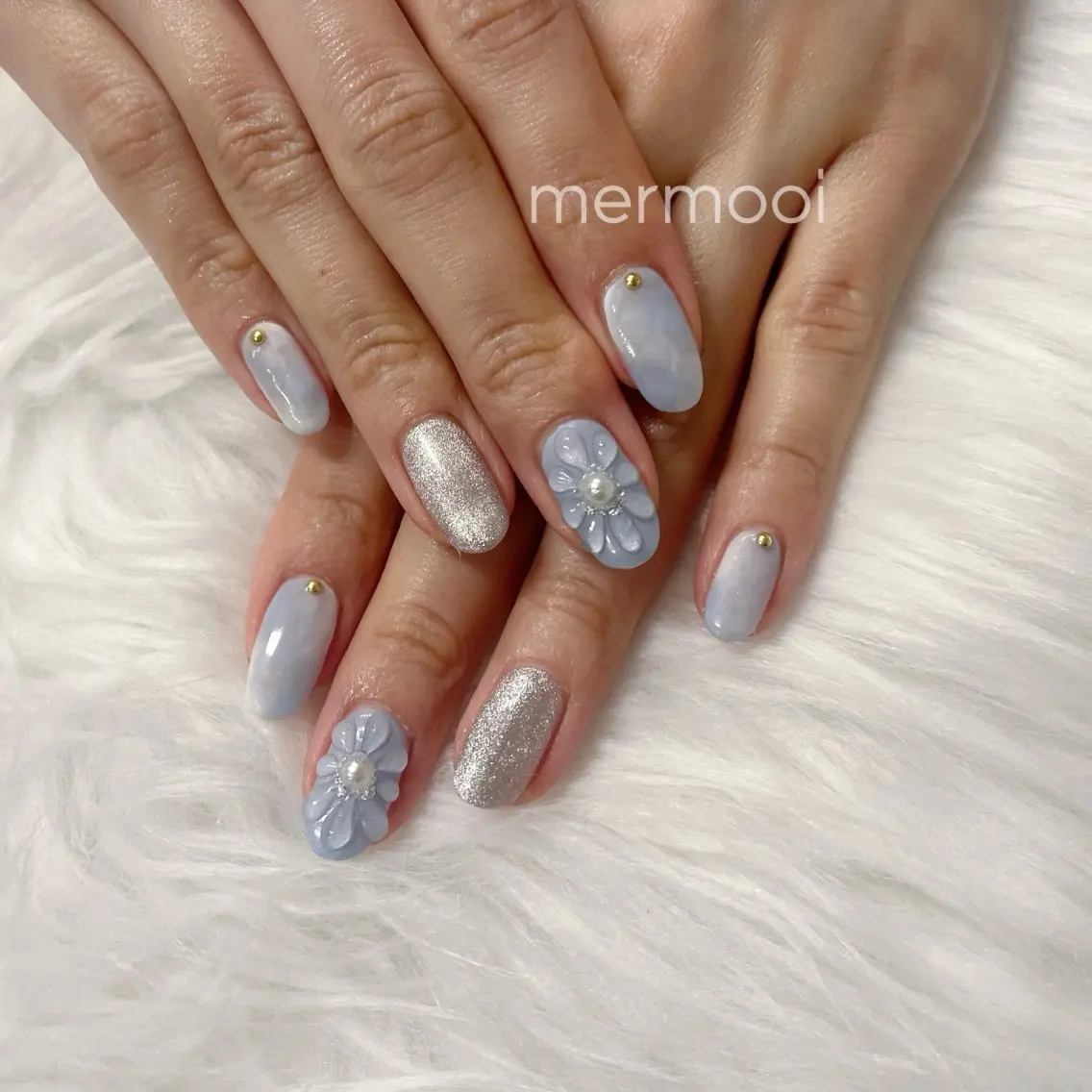 ネイル ブルー 韓国ネイル ニュアンスネイル パステルネイル ぷっくりネイル mermooi nailのネイルデザイン