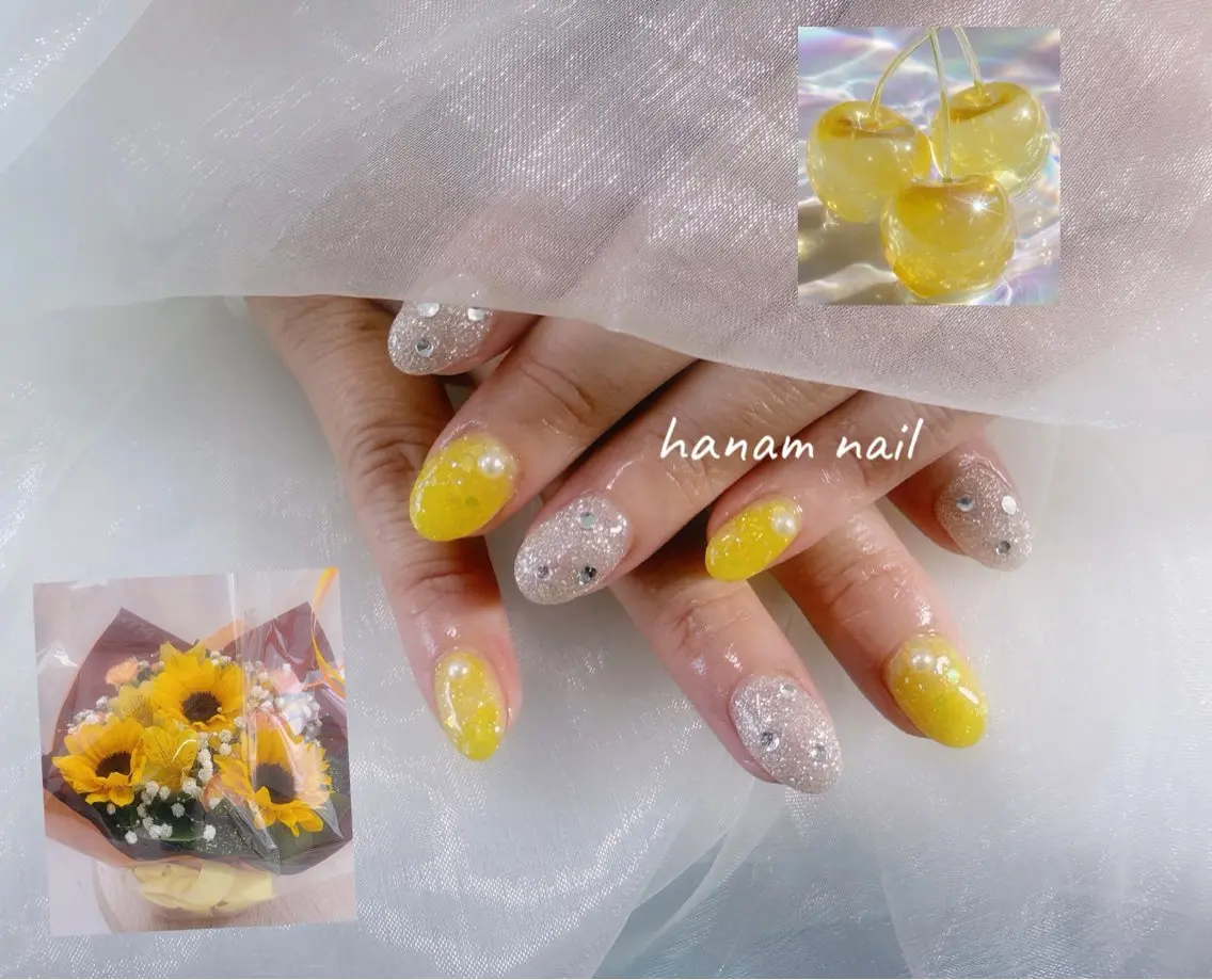 ネイル 黄色 hanam nail 🌿🩵ハナムネイルのネイルデザイン