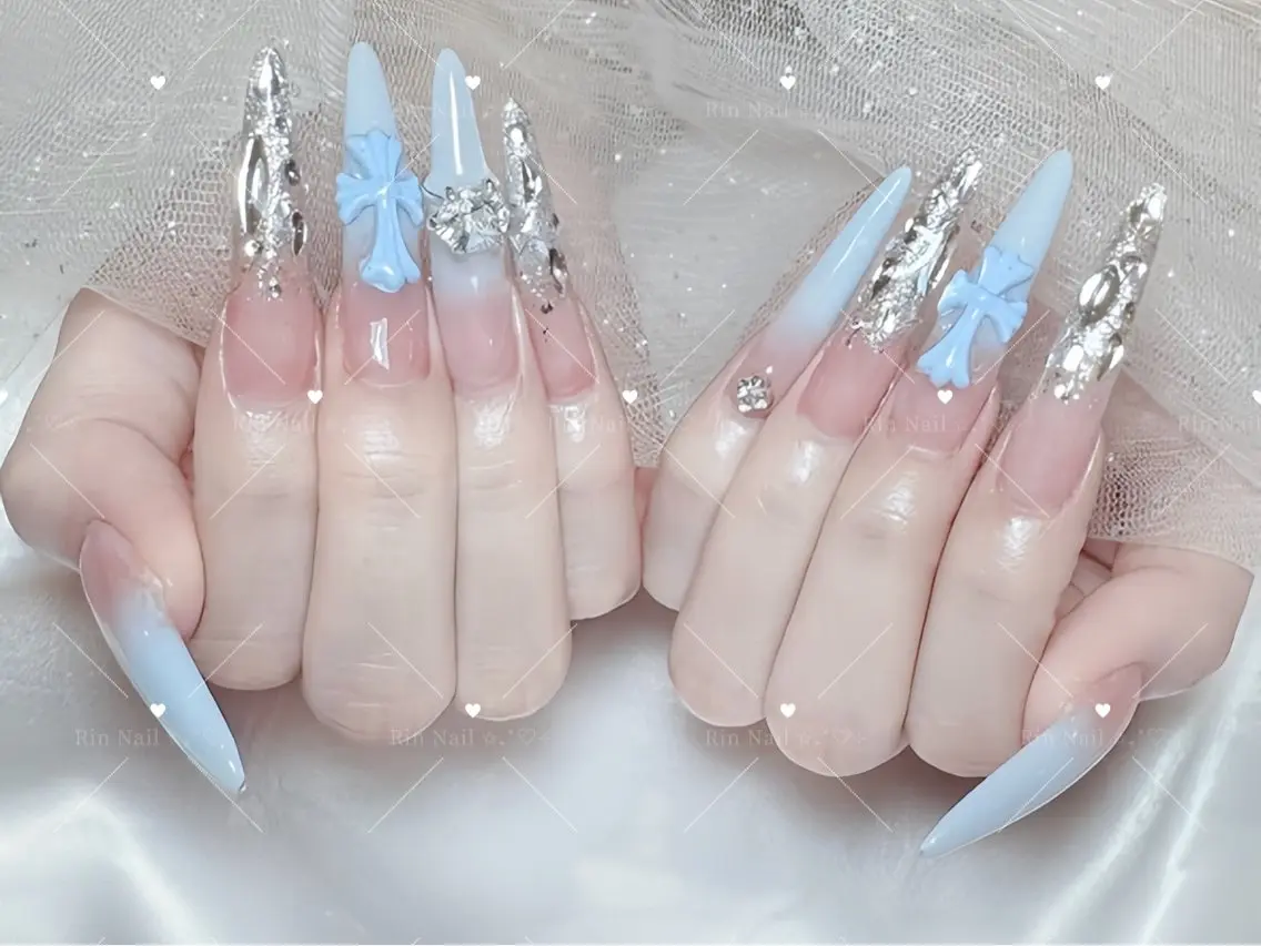 ネイル べっ甲ネイル ブルー 長さ出し フレンチネイル ジェルネイル ハンドネイル Rin Nail 新大久保店のネイルデザイン