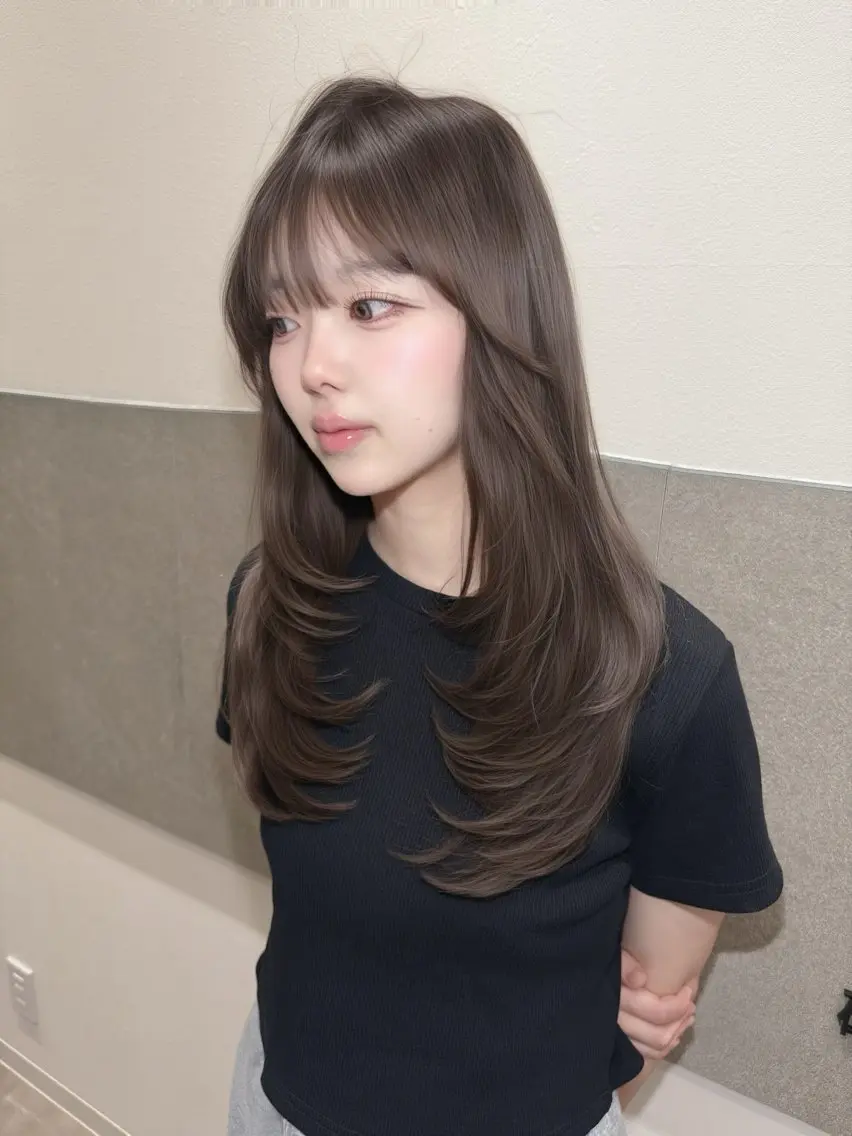 セミロング 顔周りカット 韓国風ヘア レイヤーカット カット ゆうな/レイヤー‎ 🎀艶カラー/‎京都のヘアスタイル