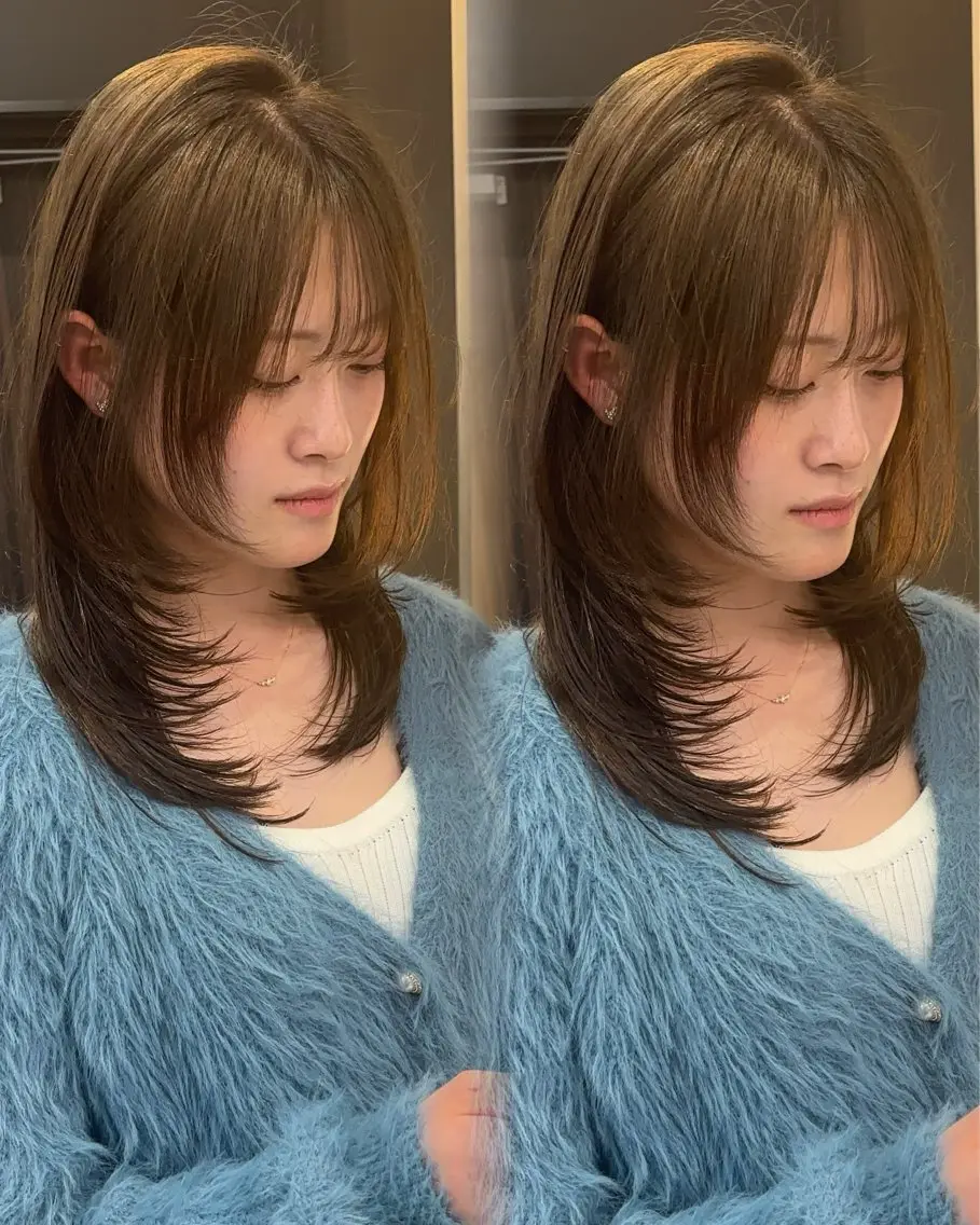 セミロング くびれヘア 顔周りカット ヨシンモリ 韓国風ヘア レイヤーカット カット ヘアカラー トリートメント 顔まわりレイヤー/諒 オリーブカラー/天神のヘアスタイル