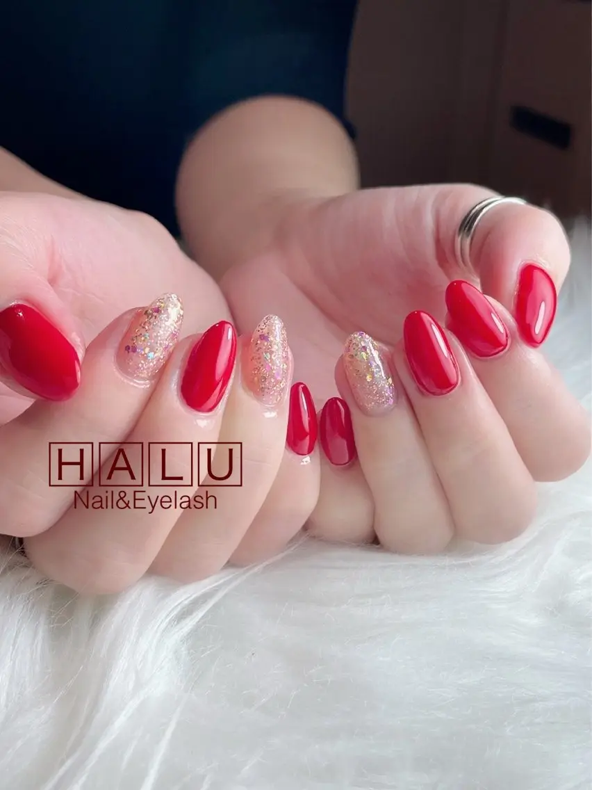 ネイル ラメ(グリッター) 赤色 HALU ハルのネイルデザイン