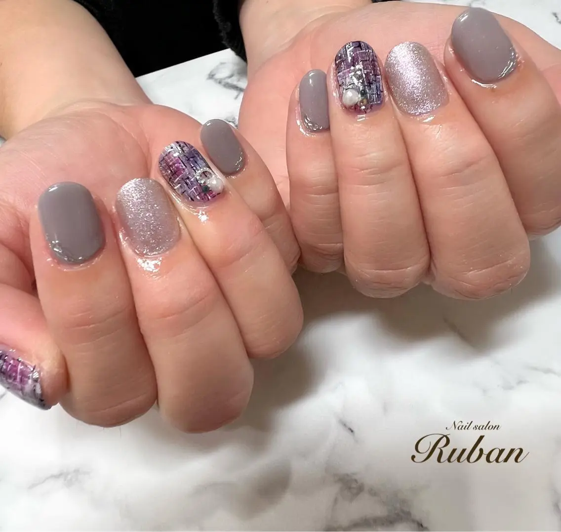 ネイル マグネットネイル ミラーネイル ツイードネイル 冬ネイル クリスマス Nail salon Rubanのネイルデザイン