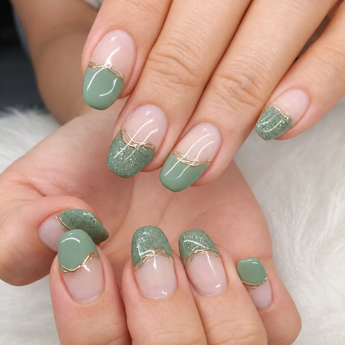 ネイル クリアネイル ジェルネイル ゴールド グリーン ラメ(グリッター) ハンドネイル CUREist💅 所沢駅徒歩7分のネイルデザイン