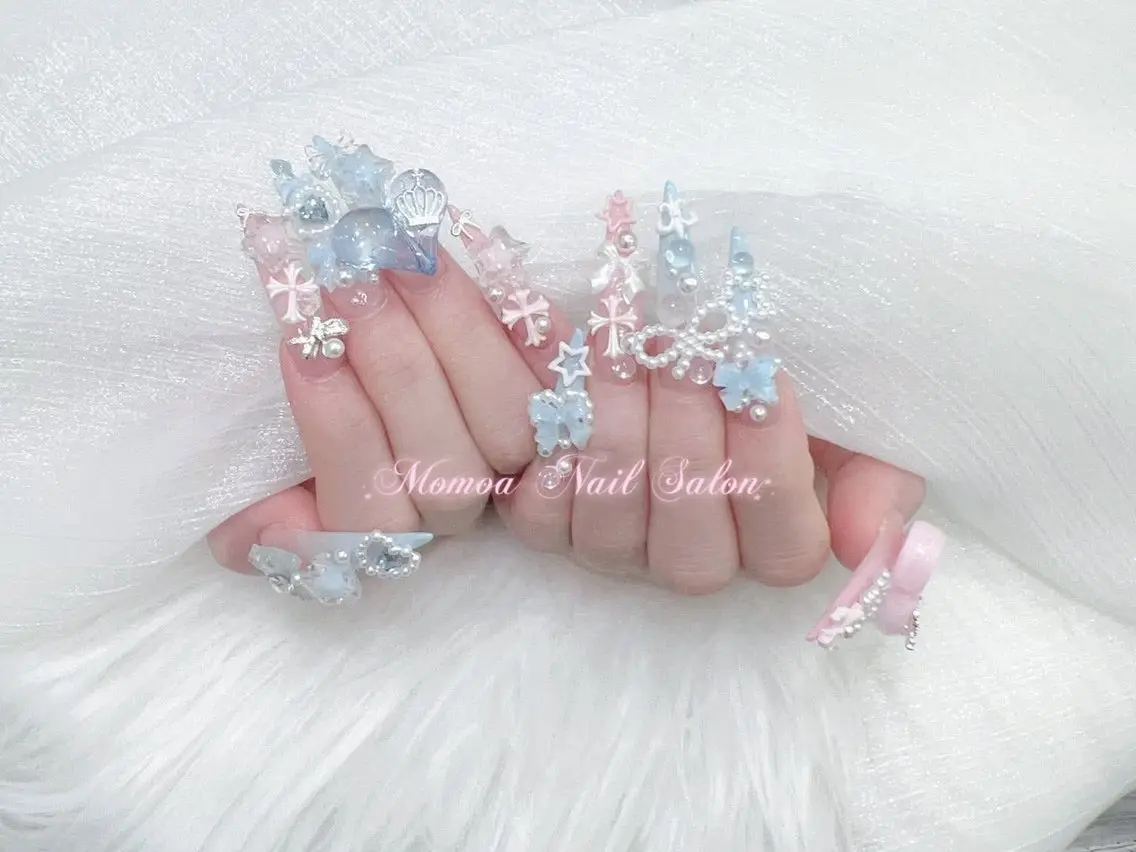 ネイル 成人式 大理石ネイル(マーブル) リボン 夏ネイル ネイルチップ ハンドネイル MoMoA Nail ネイル長さ出し専門店のネイルデザイン