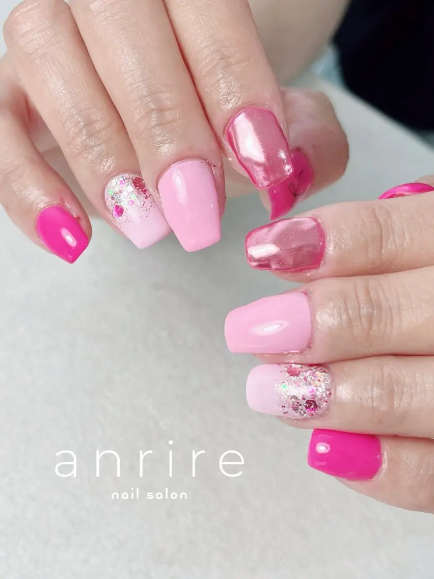 ネイル ジェルネイル キラキラネイル ラメ(グリッター) ミラーネイル パラジェル ハンドネイル nailsalon anrireのネイルデザイン