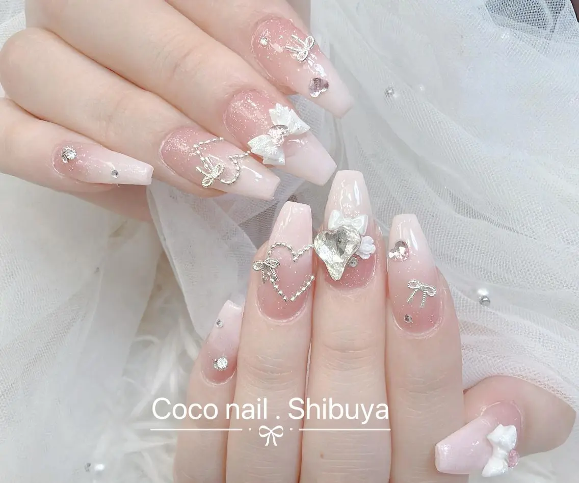 ネイル 成人式 大理石ネイル(マーブル) リボン 夏ネイル ネイルチップ ハンドネイル Min Coco nailのネイルデザイン