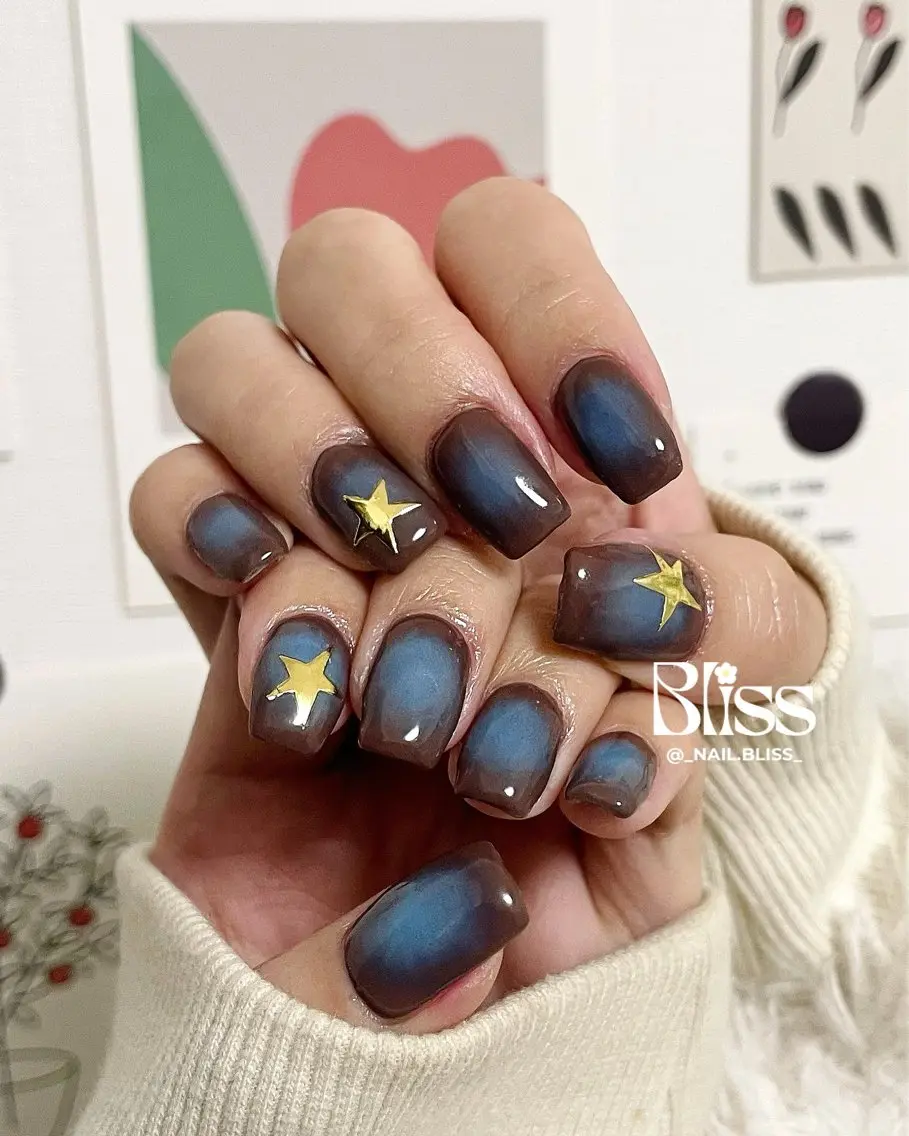 ネイル ブルー ブラウン ハンドネイル NAIL BLISSのネイルデザイン