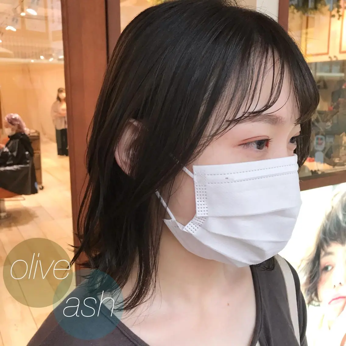 ミディアム カラー アッシュ オリーブアッシュ 顔周りカット シースルーバング 縮毛矯正 清水　ちひろ ✄トップスタイリストのヘアスタイル