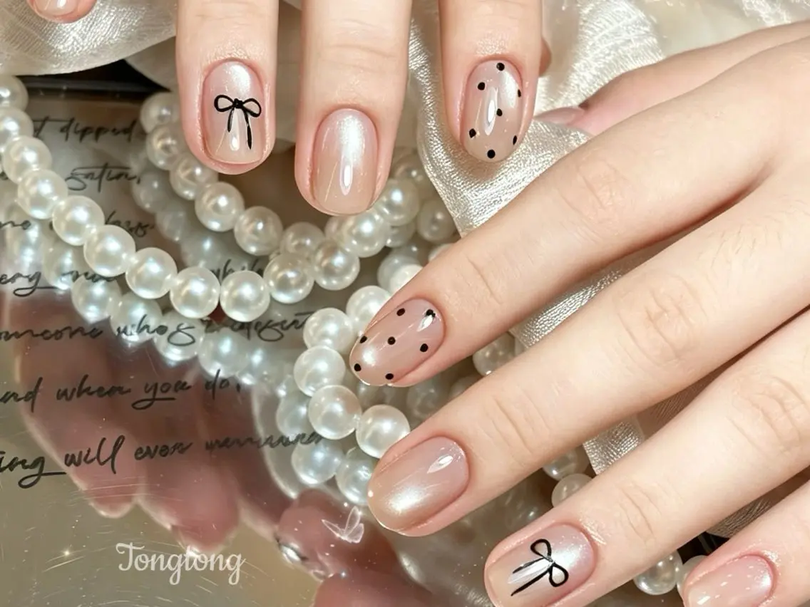 ネイル ドット リボン シンプルネイル ハンドネイル Tongtong Nail Salonのネイルデザイン