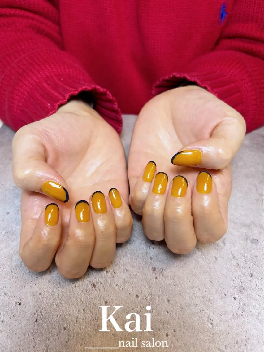 ネイル フレンチネイル マグネットネイル オレンジ 冬ネイル ハンドネイル Kai nail Mayukoのネイルデザイン