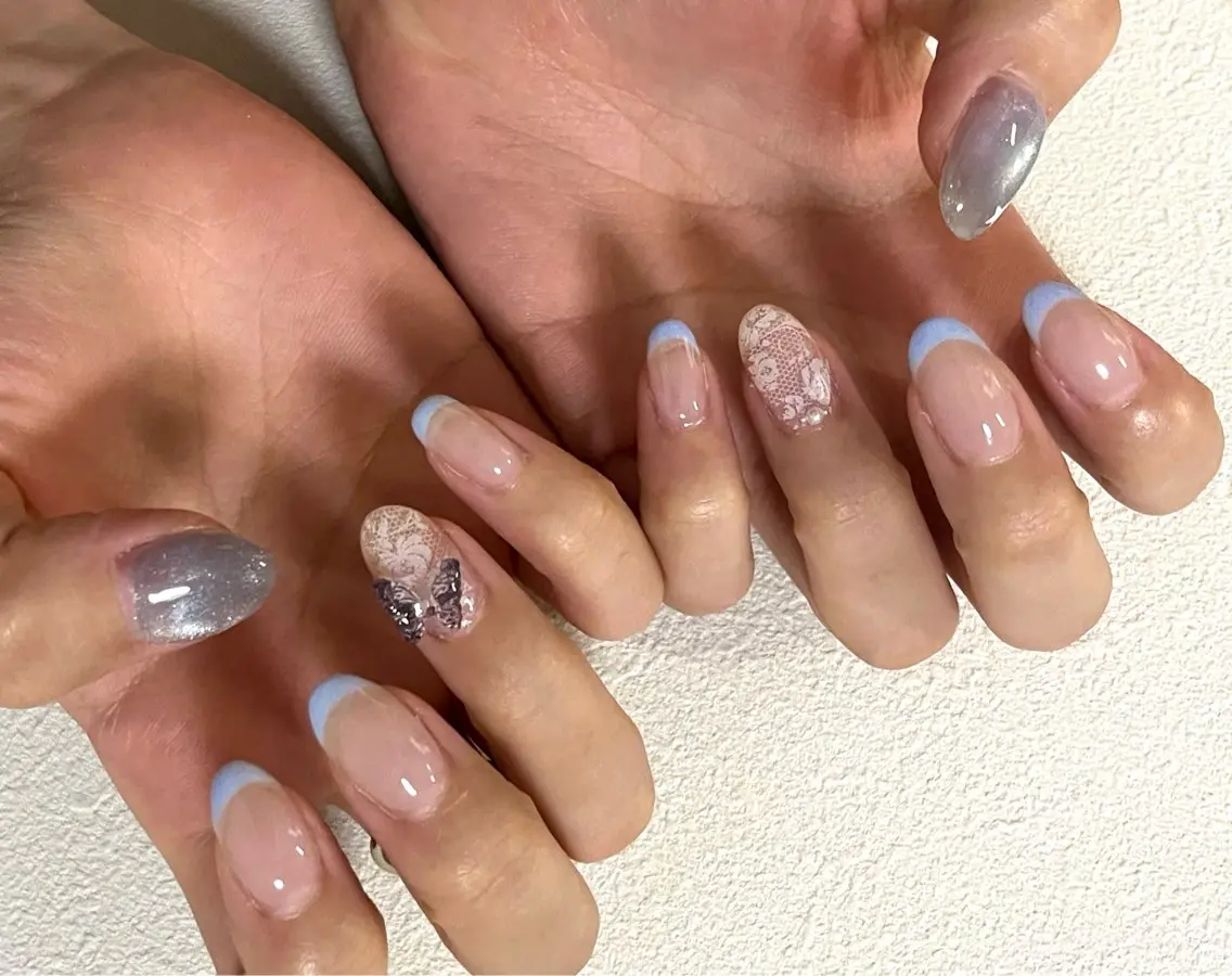 ネイル ブルー フレンチネイル レース マグネットネイル foret yunaのネイルデザイン