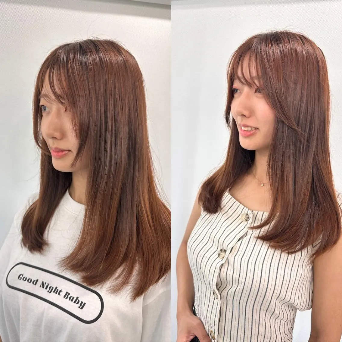 セミロング カラー ブラウンカラー オレンジ オレンジブラウン シースルーバング 小顔カット Endearing 銀座/レイヤーカットのヘアスタイル