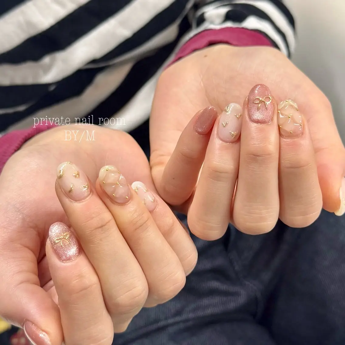 ネイル ハート ミラーネイル 持ち込み リボン BY / Mのネイルデザイン
