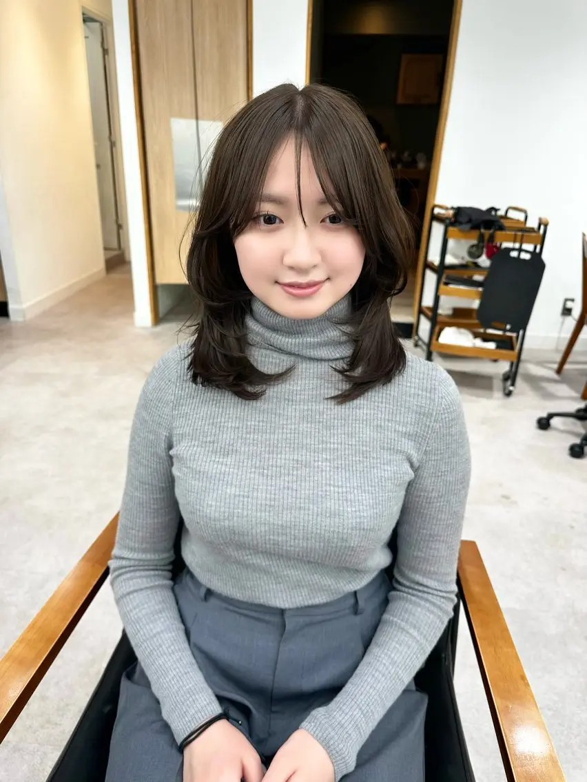 ミディアム カラー パーマ ヘアアレンジ メンズ キッズ カット ヘアカラー レイヤーカット/ 巻ける縮毛矯正のヘアスタイル