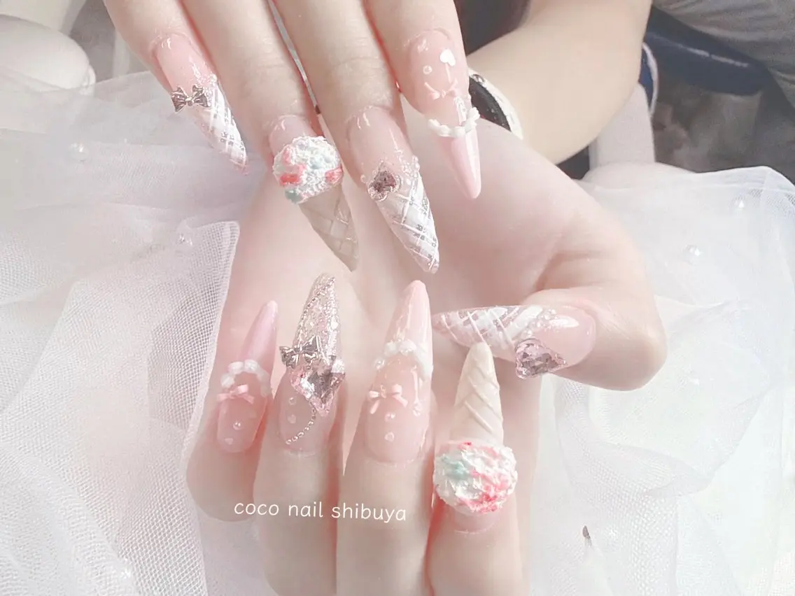 ネイル 成人式 大理石ネイル(マーブル) リボン 夏ネイル ネイルチップ ハンドネイル CoCo Nail 長さ出し専門店のネイルデザイン