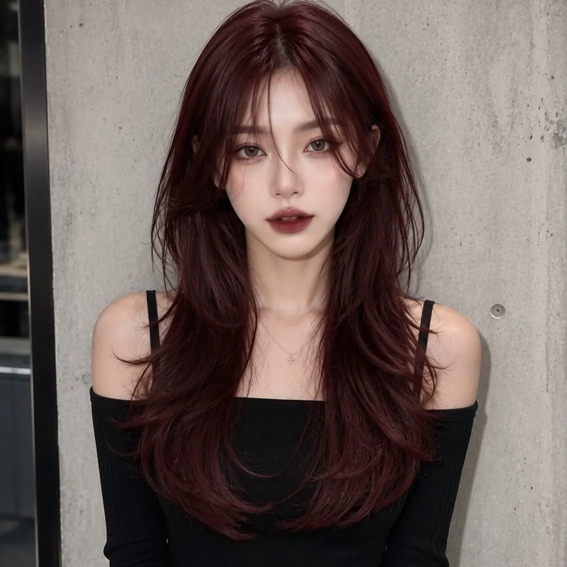 ロング カラー ブリーチ ダブルカラー ブリーチなしカラー レッドカラー レイヤーカット カット ヘアカラー レイヤー/くびれ巻き /ブリーチなしカラーのヘアスタイル