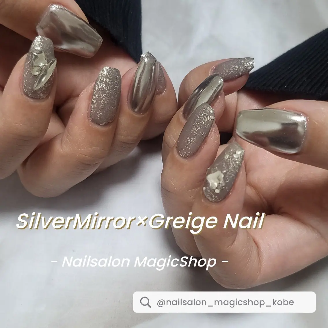 ネイル ジェルネイル ラメ(グリッター) ロングネイル ミラーネイル シルバー ハンドネイル Nailsalon MagicShopのネイルデザイン