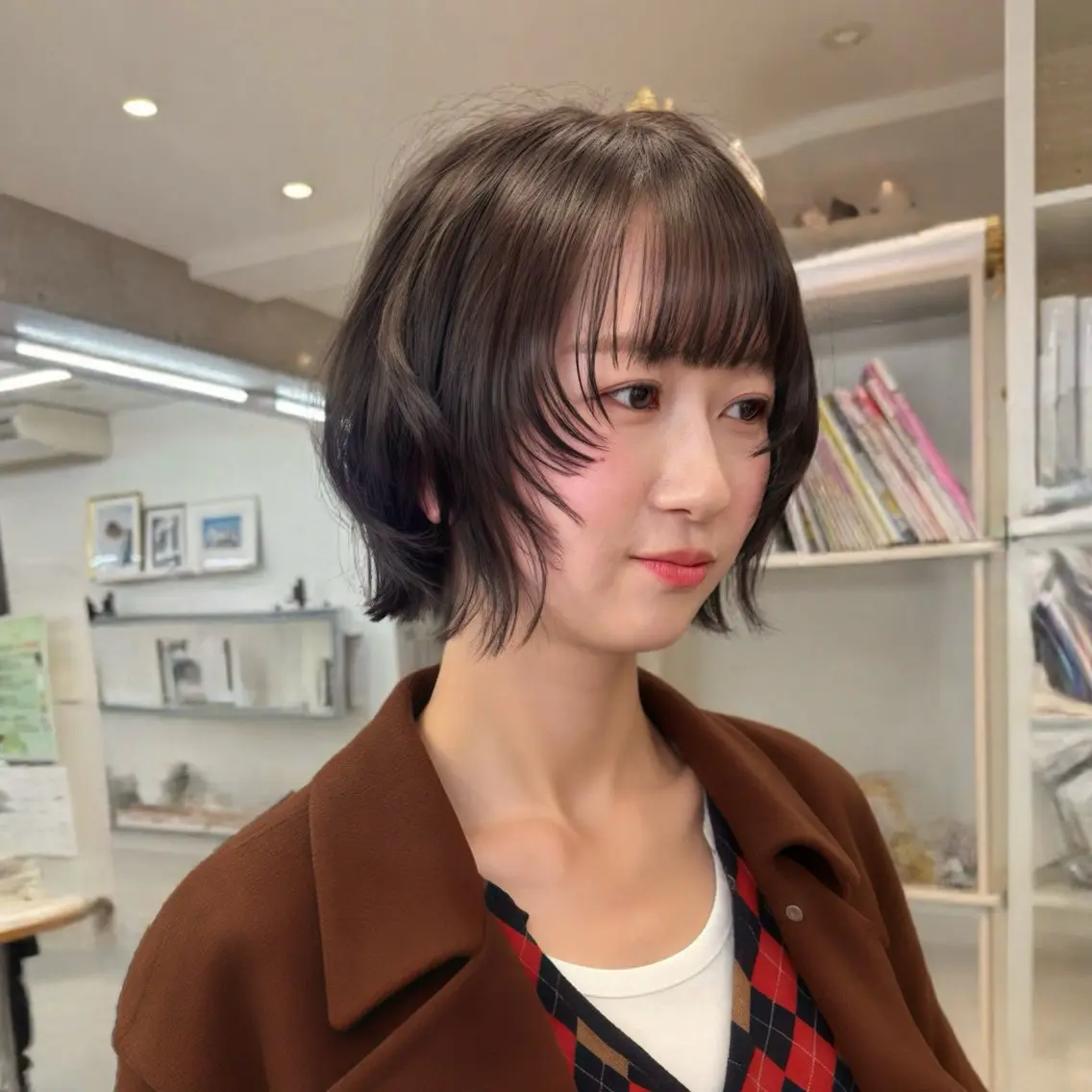 ショート ボブレイヤー ボブ 顔まわりレイヤー レイヤーカット カット ヘアカラー トリートメント 会田有紀 /切りっぱなしボブのヘアスタイル