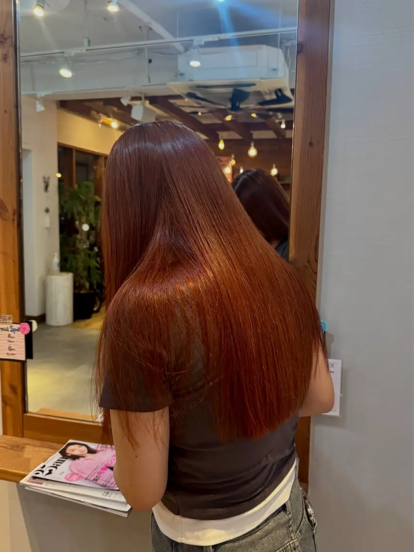 ロング カラー ブリーチ ダブルカラー ブリーチなしカラー オレンジ オレンジレッド ヘアカラー ひより/レイヤー /暖色/オリーブのヘアスタイル