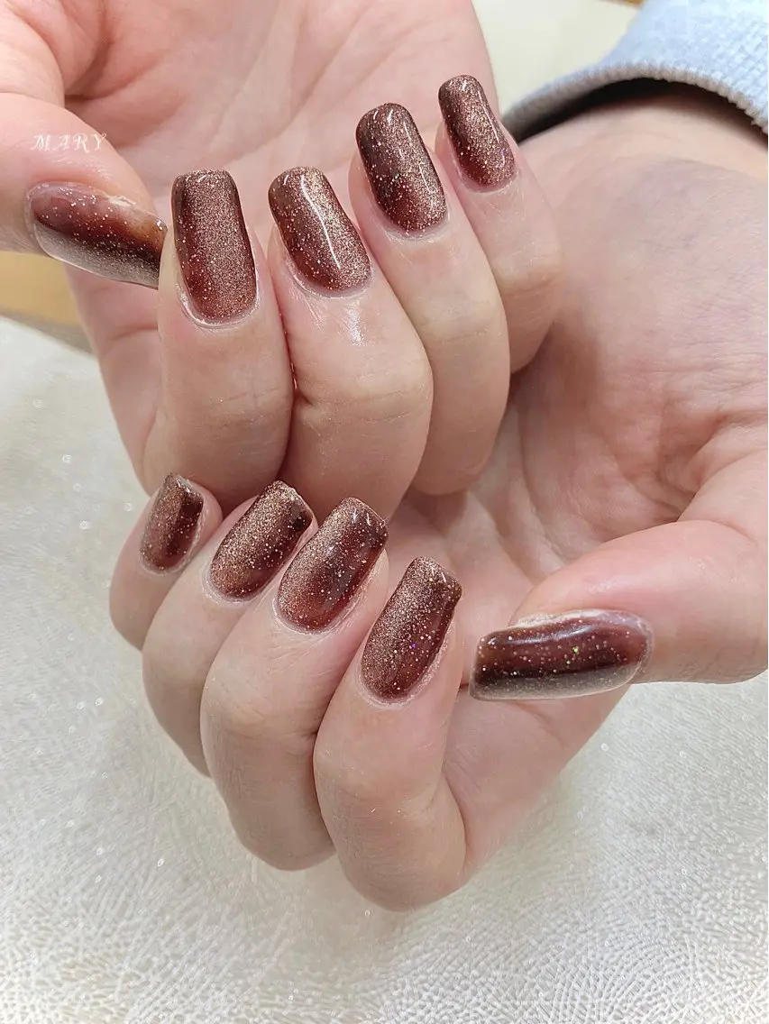 ネイル ブラウン キラキラネイル マグネットネイル ニュアンスネイル ワンカラーネイル Mary nail .narumiのネイルデザイン