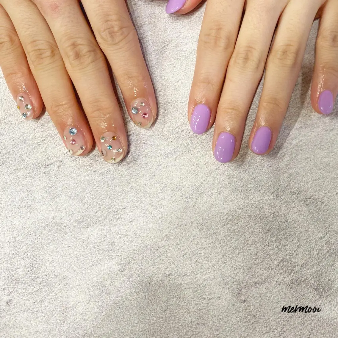 ネイル クリアネイル ジェルネイル パープル ストーンネイル 夏ネイル mermooi nailのネイルデザイン