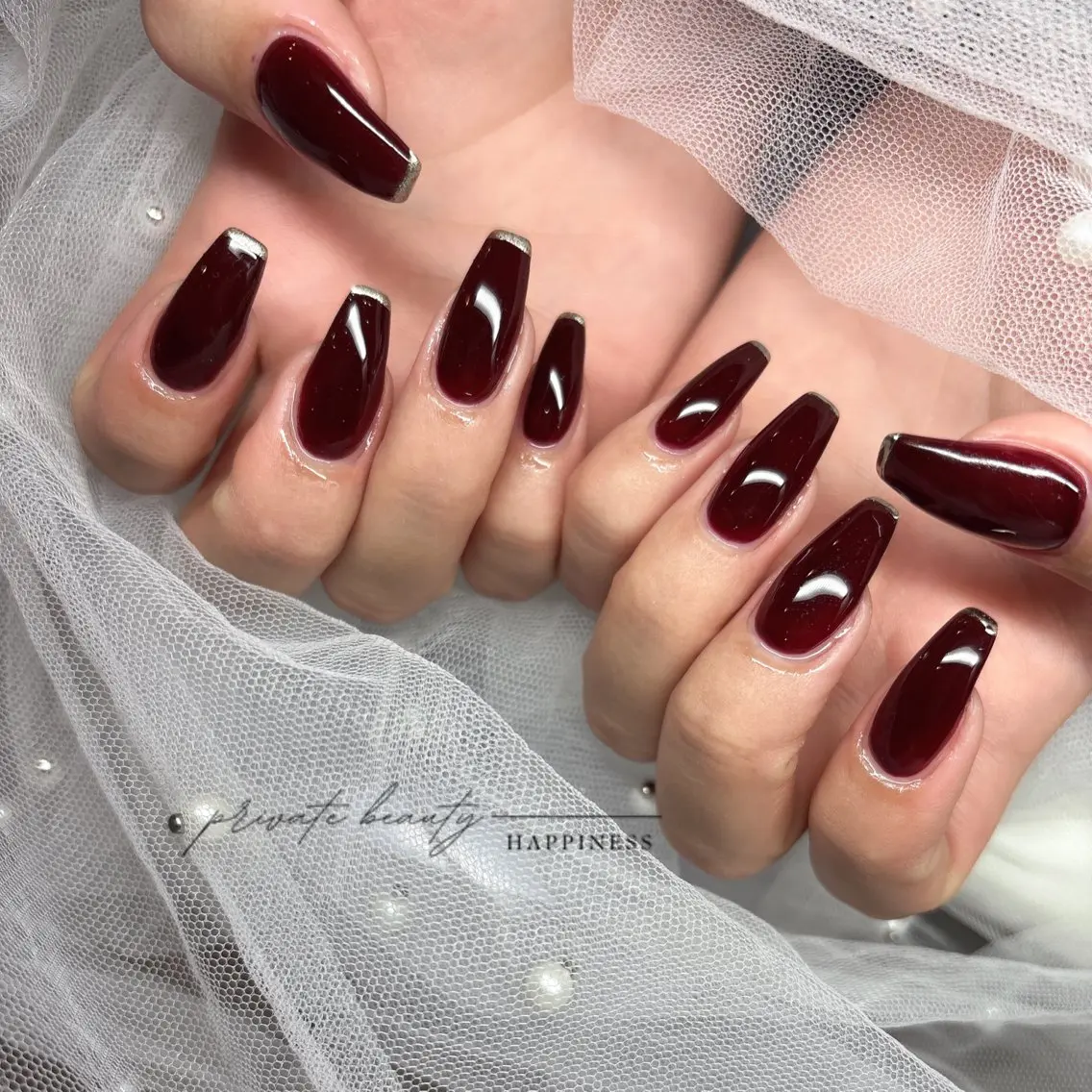 ネイル ボルドー 韓国ネイル ロングネイル ピンク スカルプネイル happiness nailのネイルデザイン