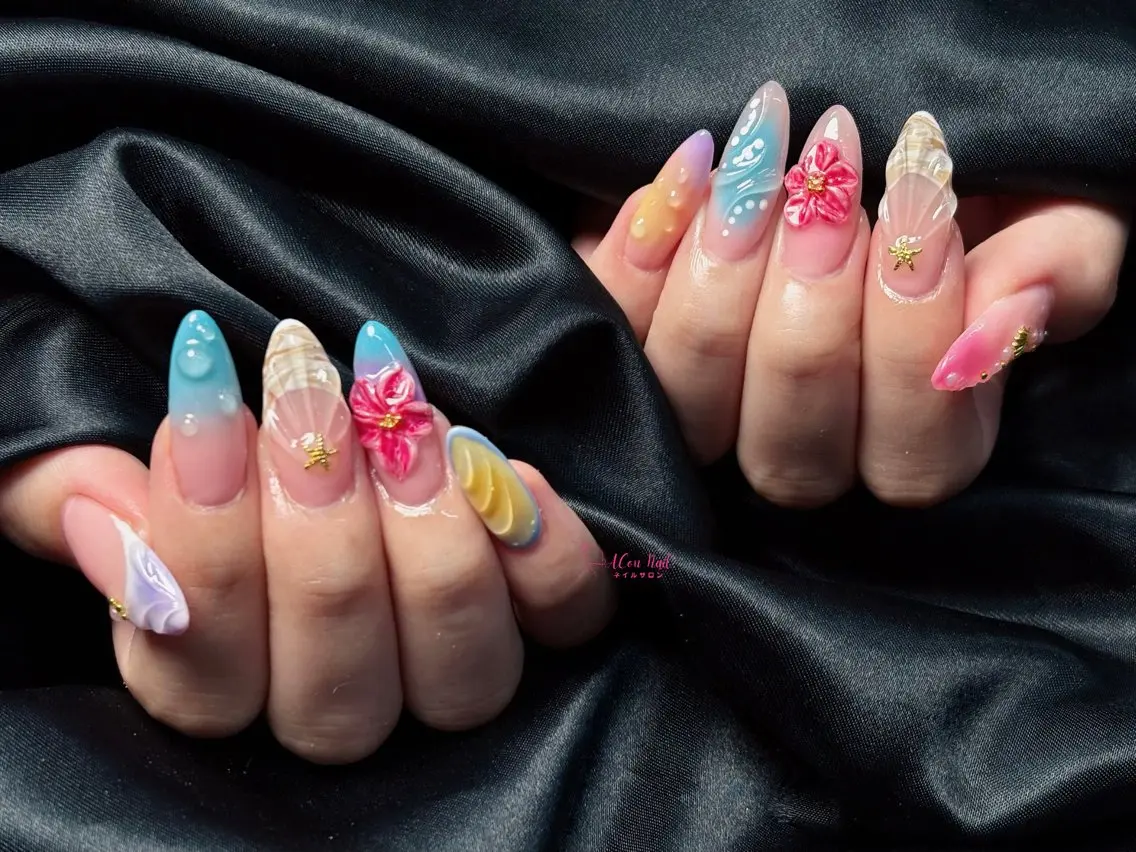 ネイル 桜ネイル 長さ出し フラワーネイル フレンチネイル ジェルネイル ハンドネイル ACon NailSalonのネイルデザイン