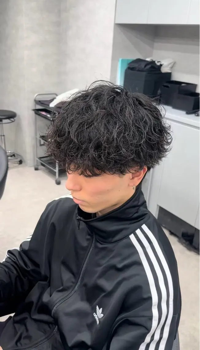 カラー パーマ メンズ センターパート フェザーパーマ メンズハイライト メンズメッシュ マッシュ 福井祥太／海外風 /プードルパーマのヘアスタイル
