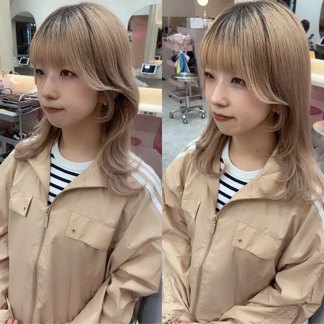 ミディアム カラー ベージュカラー ブリーチ ケアブリーチ ダブルカラー ミルクティーベージュ カット トリートメント 新宿/韓国ヘア 中明度カラー/かやのヘアスタイル