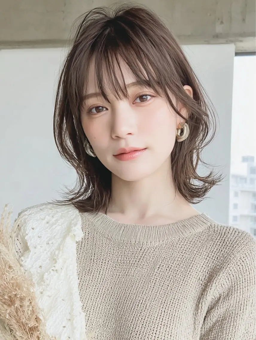 ミディアム くびれヘア レイヤーカット シースルーバング パーソナルカラー診断 川野 龍一のヘアスタイル
