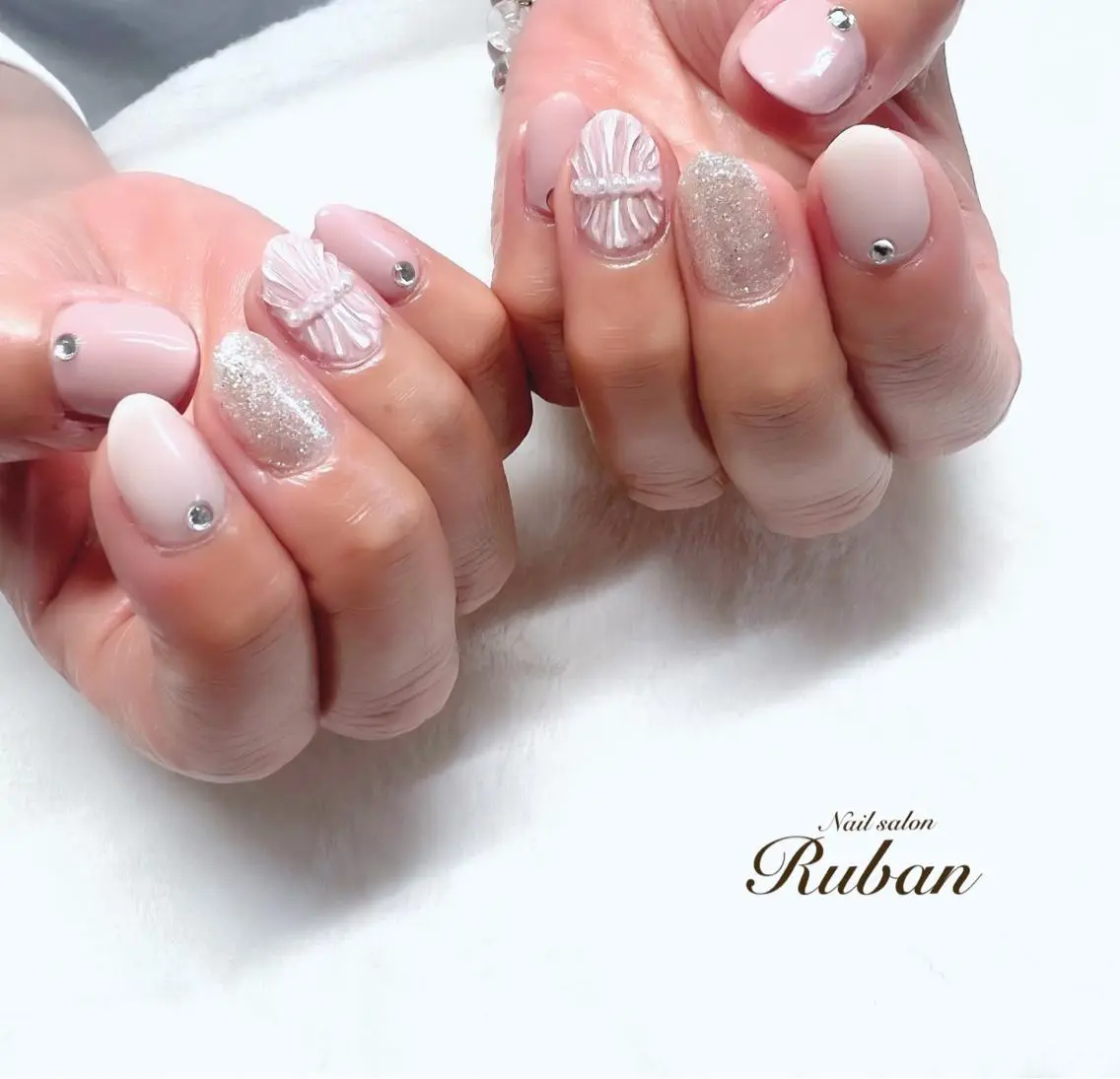 ネイル ピンク ピンクベージュ ブライダルネイル Nail salon Rubanのネイルデザイン
