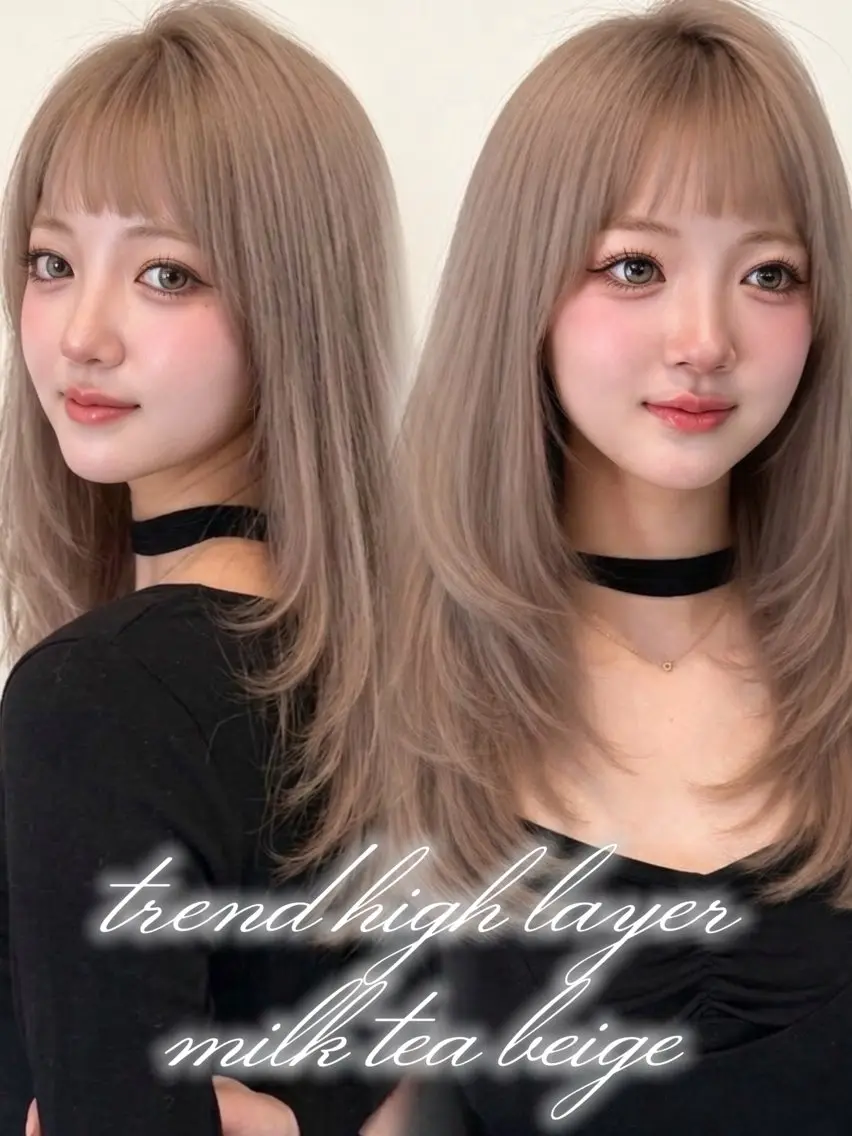 ミディアム カラー ヘアアレンジ ヘアカラー トリートメント 🌿巴結生🌱大宮 ミルクティーベージュのヘアスタイル
