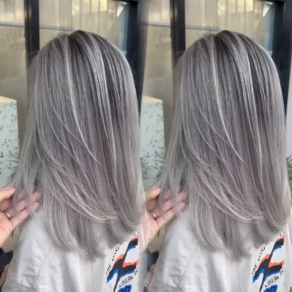 ロング カラー バレイヤージュ グレージュ シルバー レイヤーカット ヘアカラー トリートメント 大智/ハイライト バレイヤージュのヘアスタイル