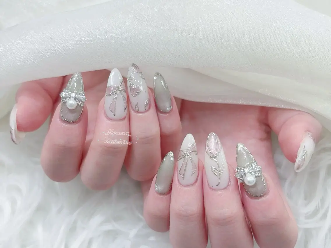 ネイル 成人式 大理石ネイル(マーブル) リボン 夏ネイル ネイルチップ ハンドネイル MoMoA Nail ネイル長さ出し専門店のネイルデザイン