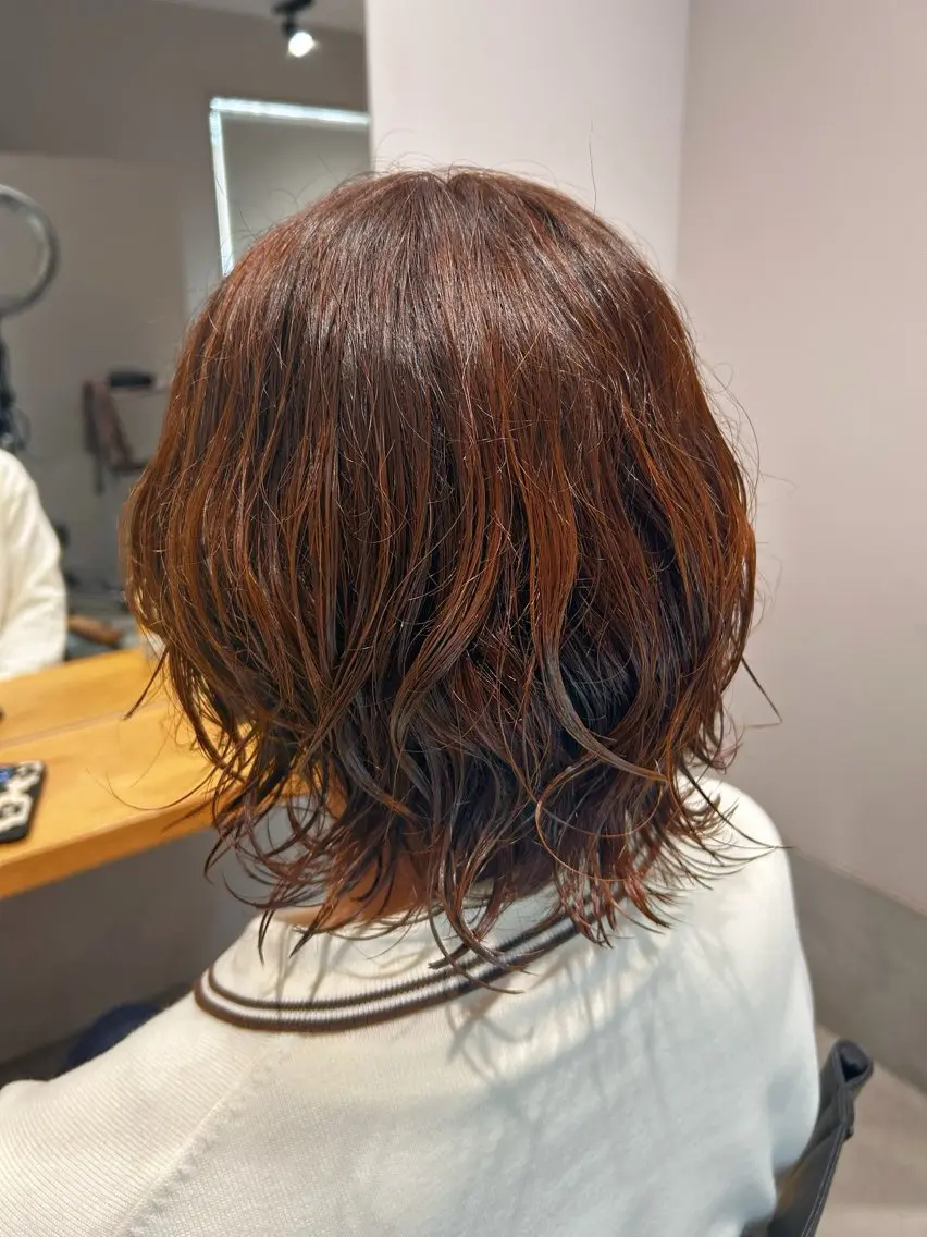 カラー パーマ オレンジ 透明感ケアカラー/ レイヤー/ryokaのヘアスタイル