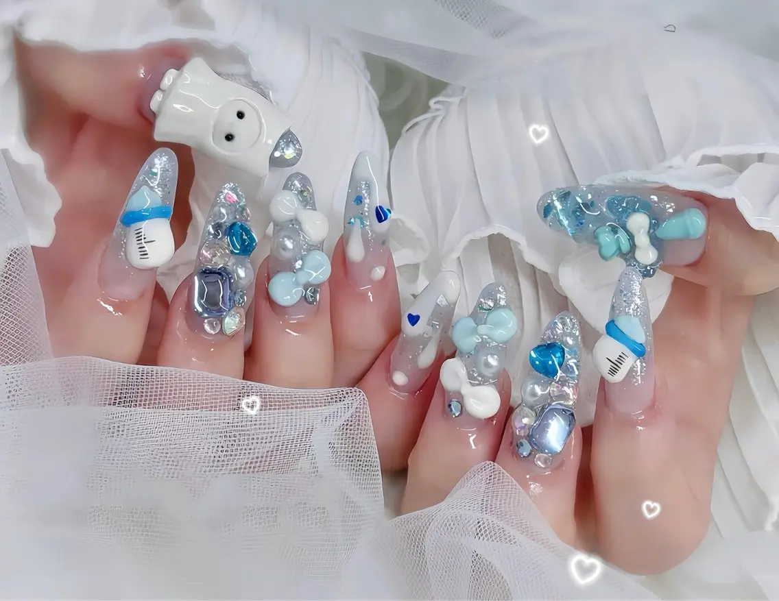 ネイル ブルー ジェルネイル ガーリー グラデーション グリーン ハンドネイル Rin Nail 新大久保店のネイルデザイン
