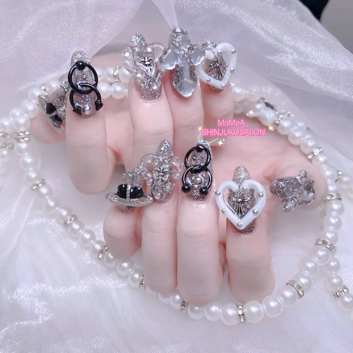 ネイル 成人式 ジェルネイル ロングネイル マグネットネイル 大理石ネイル(マーブル) ハンドネイル MoMoA Nail ネイル長さ出し専門店のネイルデザイン