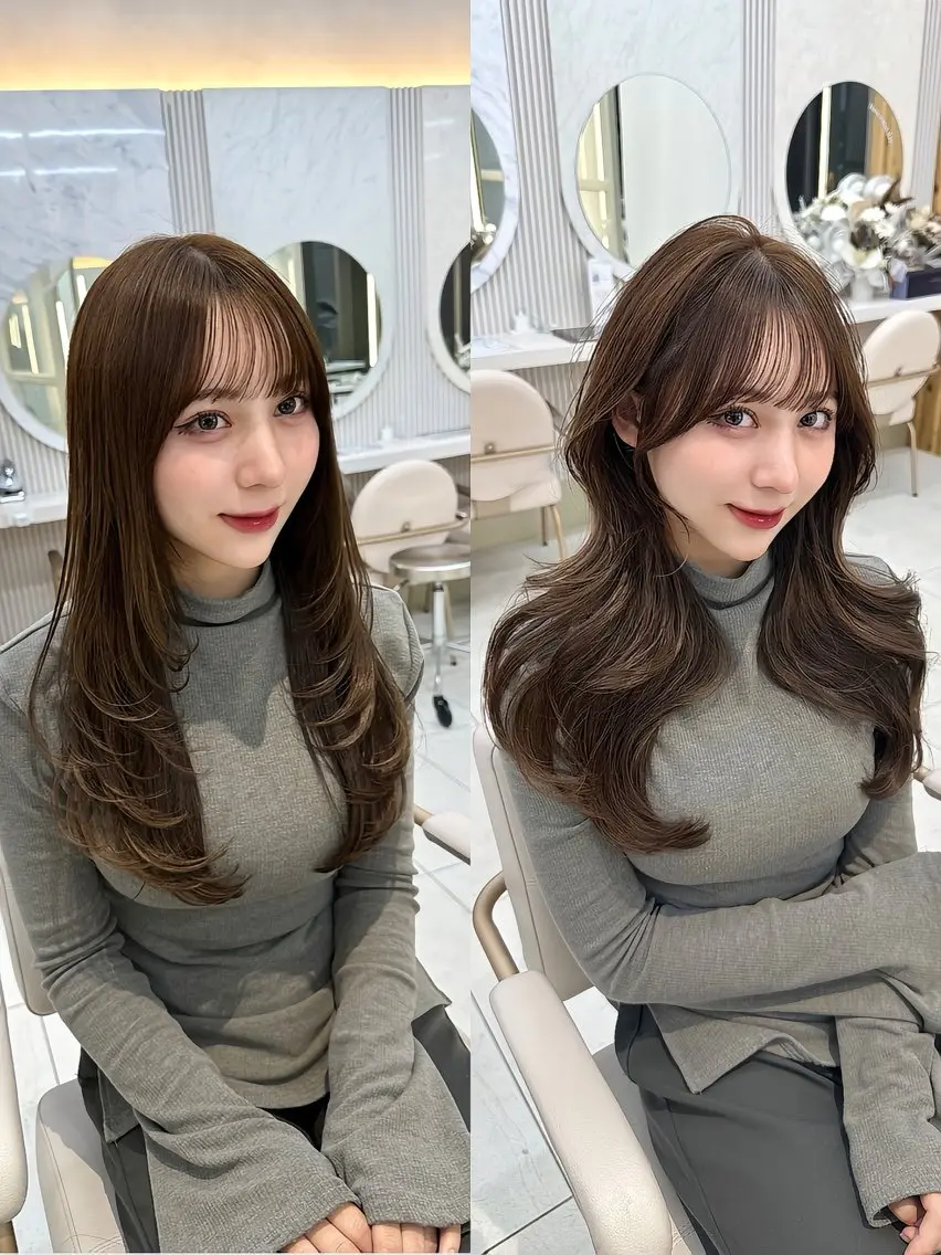 ロング カラー ベージュカラー くびれヘア 韓国風ヘア レイヤーカット シースルーバング 🇰🇷韓国風くびれ ヘア🇰🇷中村優大のヘアスタイル