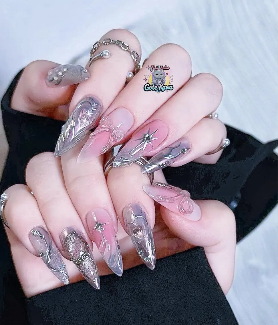 ネイル アートネイル 長さ出し キラキラネイル ピンク リボン ハンドネイル ハンドケア Gote Kawa nail salonのネイルデザイン