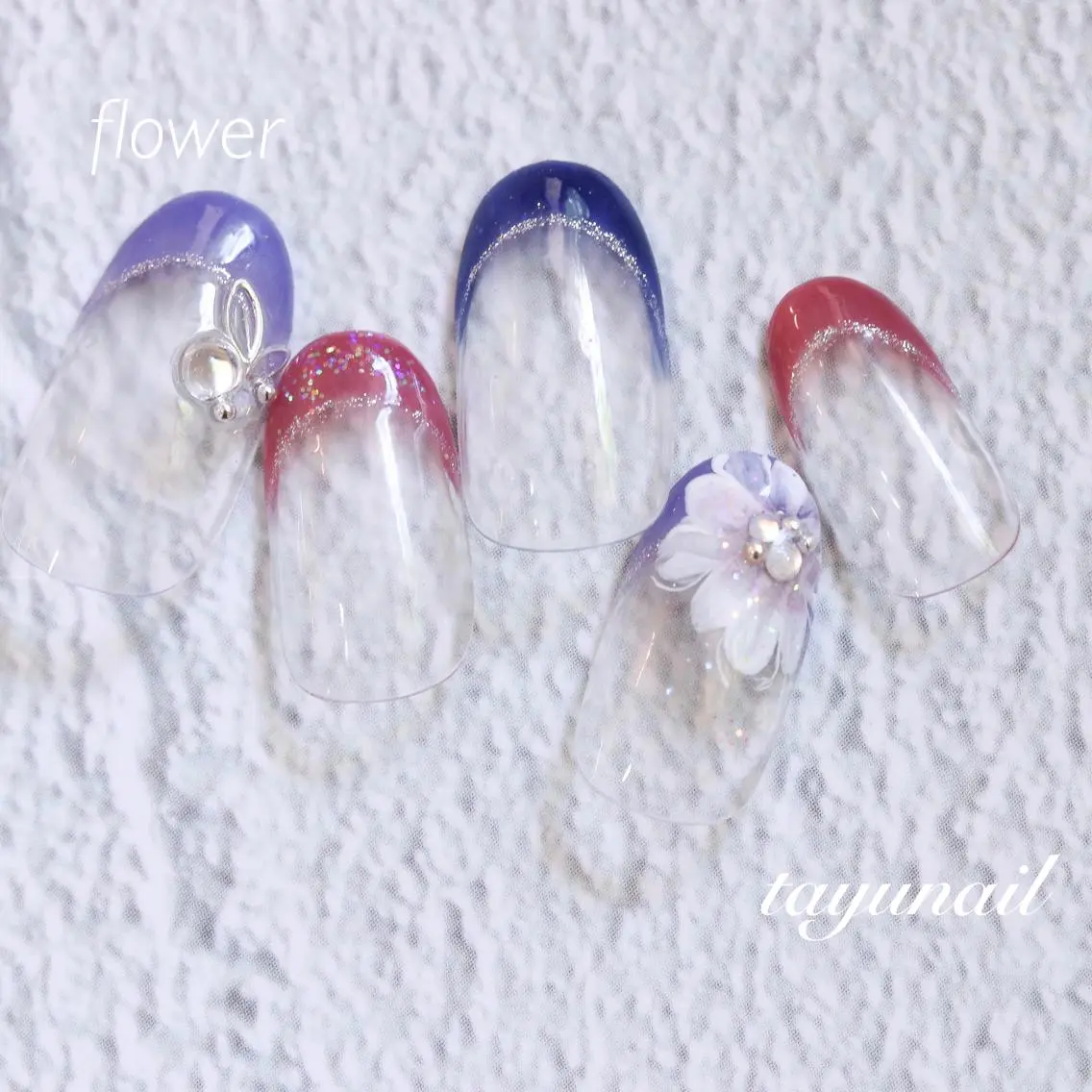 ネイル フラワーネイル フレンチネイル ジェルネイル パラジェル パープル ネイルサロン 【たゆnail】のネイルデザイン