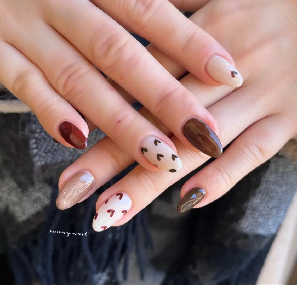 ネイル ボルドー ブラウン ジェルネイル ハート パラジェル sunny nailのネイルデザイン