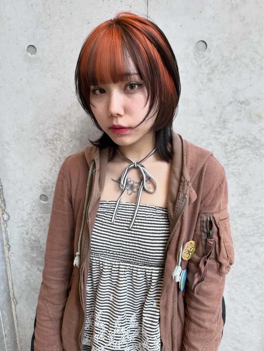 ミディアム カラー ブラウンカラー ハイトーンカラー オレンジ yuuna/ ハッシュカット🎀のヘアスタイル