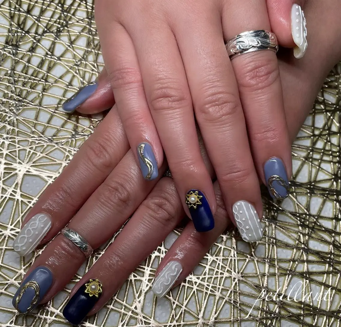 ネイル アートネイル ブルー nail salon petillantのネイルデザイン