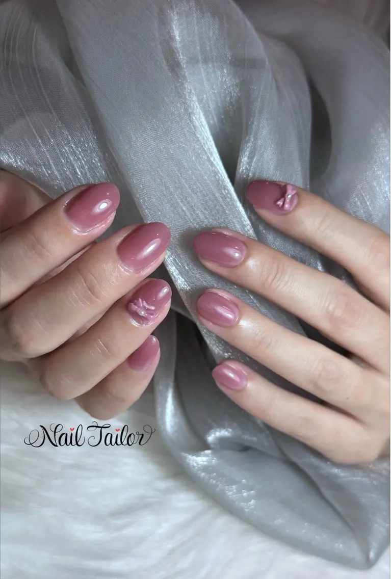 ネイル オフィスネイル ワンカラーネイル ピンク リボン ハンドネイル NailTailor ネイルテイラーのネイルデザイン