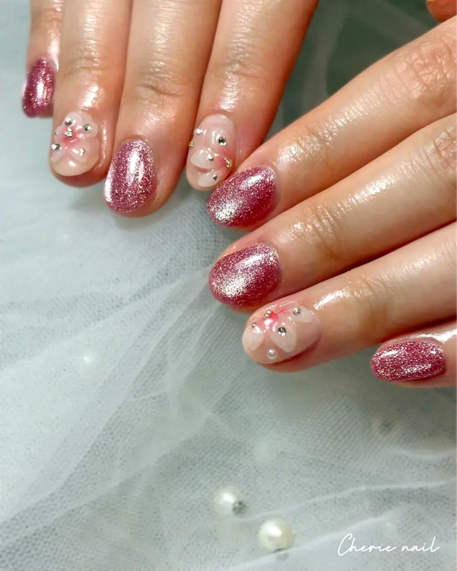 ネイル フラワーネイル ジェルネイル マグネットネイル ピンク ぷっくりネイル ハンドネイル Cherienail yunaのネイルデザイン
