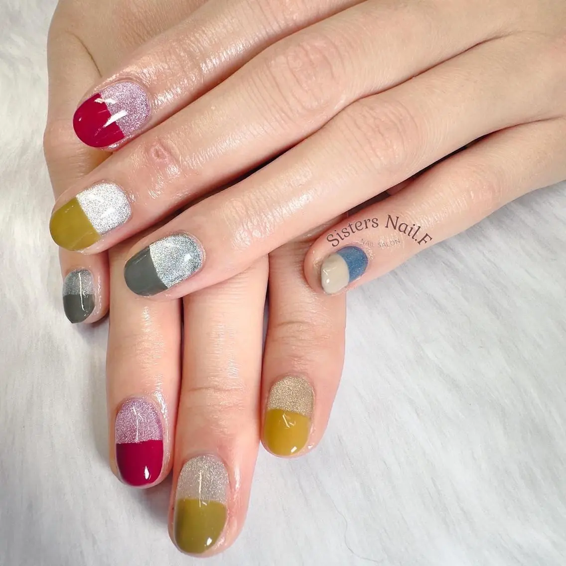 ネイル アートネイル ブルー フレンチネイル グリーン マグネットネイル sisters nail.fのネイルデザイン