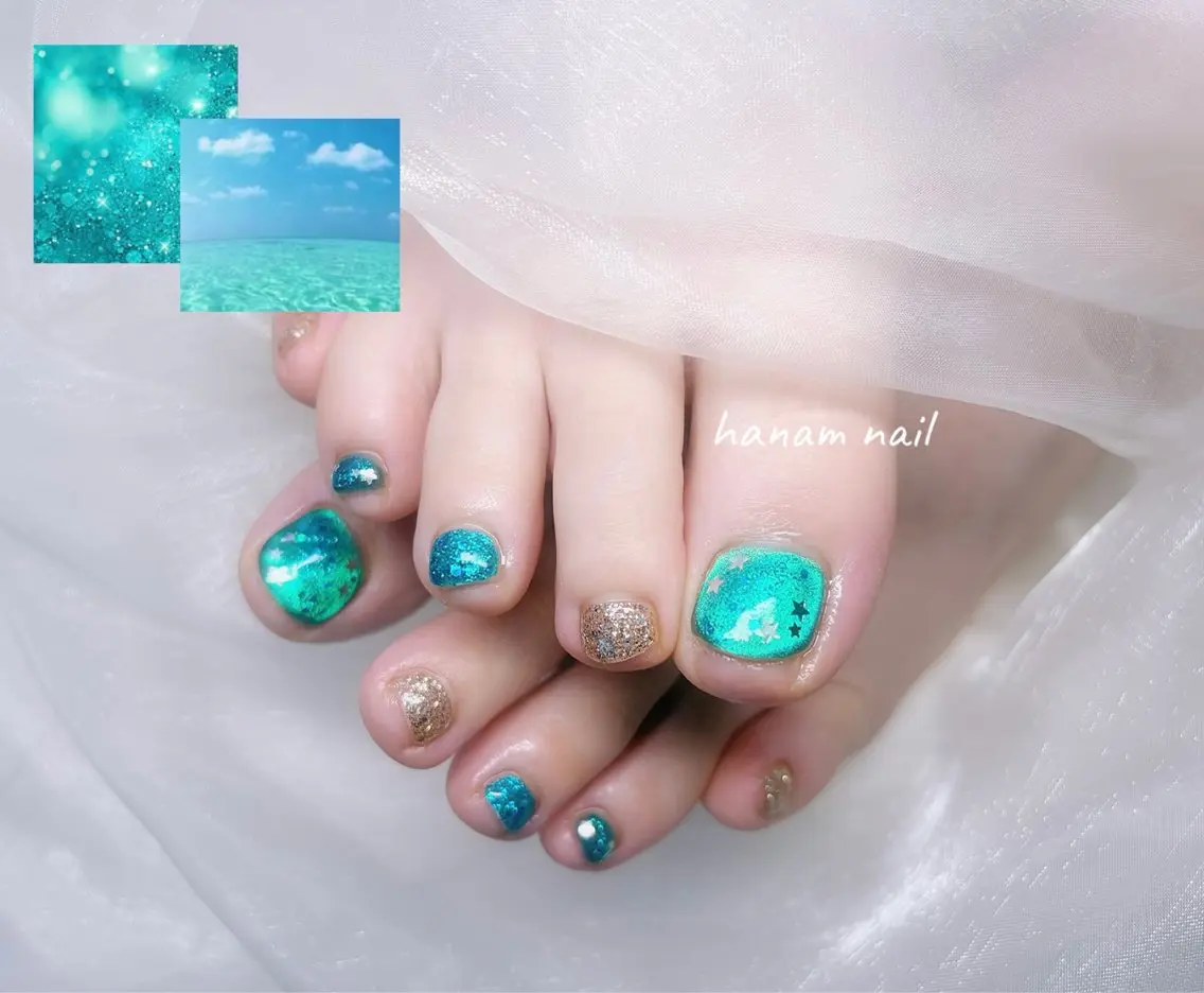 ネイル グリーン フットネイル hanam nail 🌿🩵ハナムネイルのネイルデザイン