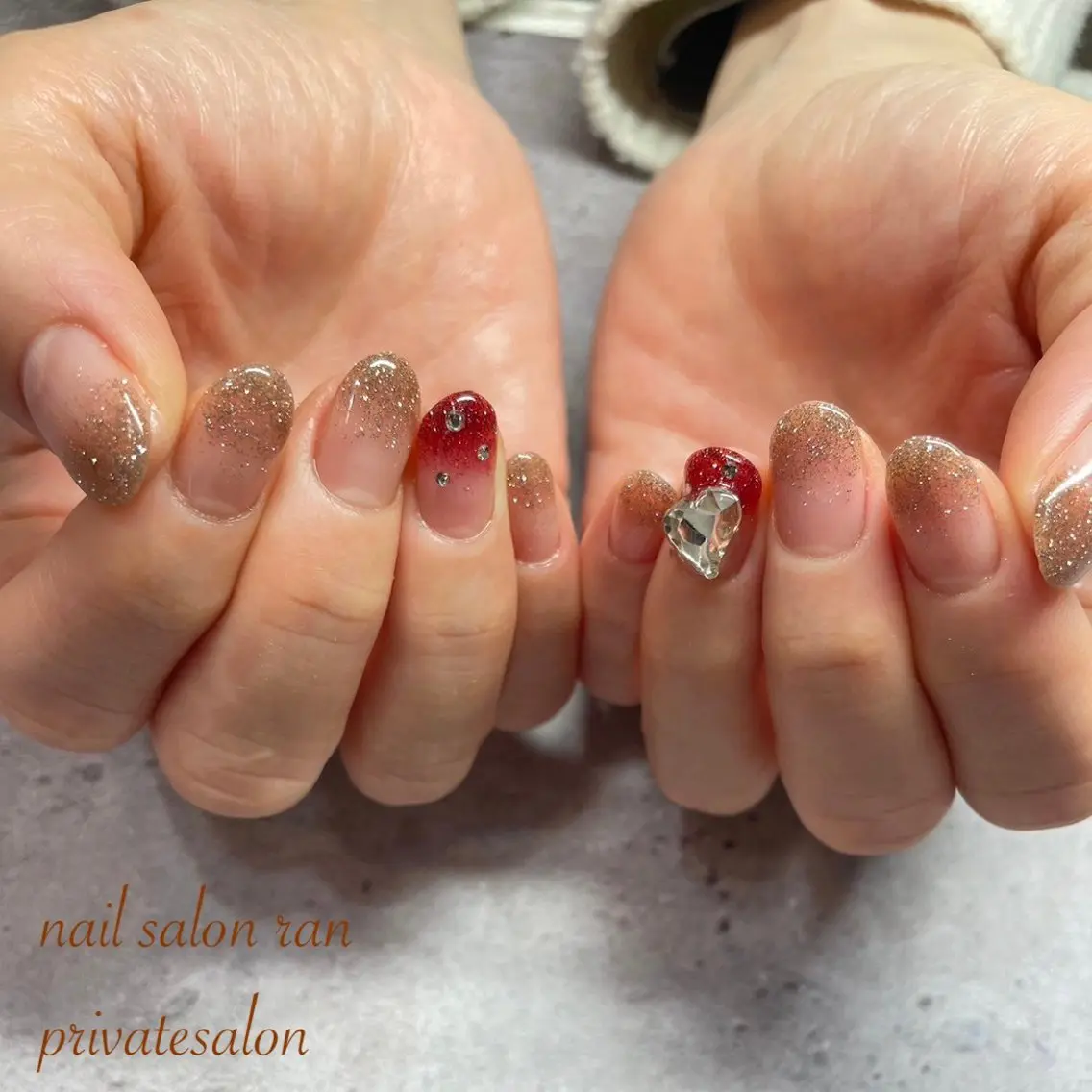 ネイル フレンチネイル ラメ(グリッター) 赤色 ハンドネイル ハンドケア nailsalon ranのネイルデザイン